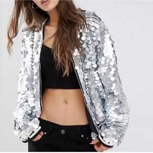 Liquor N Poker Women's size 8 Silver Festival Sequin Embellished Bomber Jacket